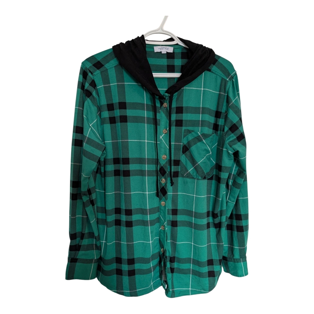 🌞2/10$🌞My style: Green and Black Long Sleeve Button Down Shirt Size XL